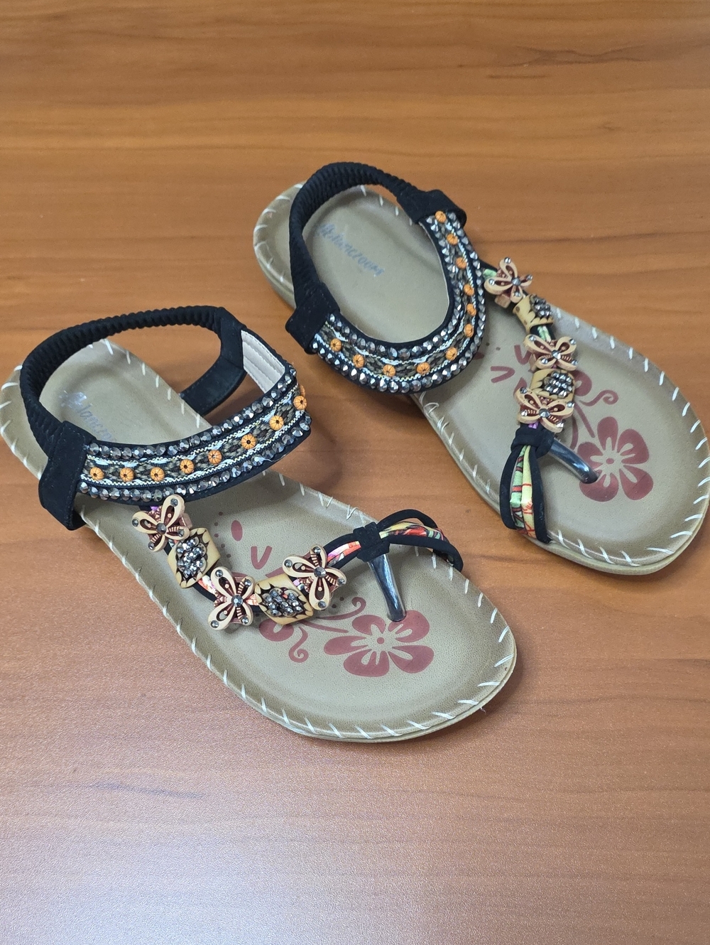 Embellished Black Floral Beaded T-Strap Sandals - Women